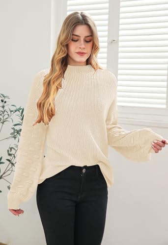 Sovoyontee Women's 2025 Fall Oversized Crewneck Long Puff Sleeve Chunky Knit Pullover Sweater Tops2