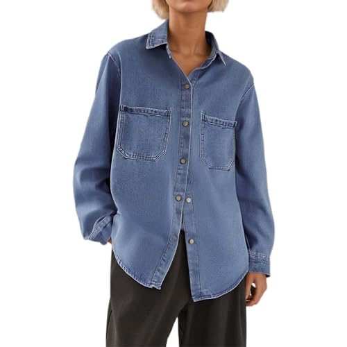 Rrongwn Camisa vaquera para mujer, con botones, manga larga, suave, vaquera, informal, para primavera y otoño, marine, 3XL