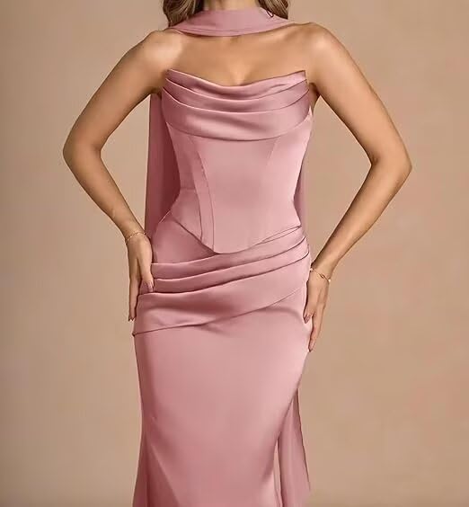 Mermaid Bridesmaid Dresses for Women Satin Strapless 2025 Pleated Formal Dress with Scarf4