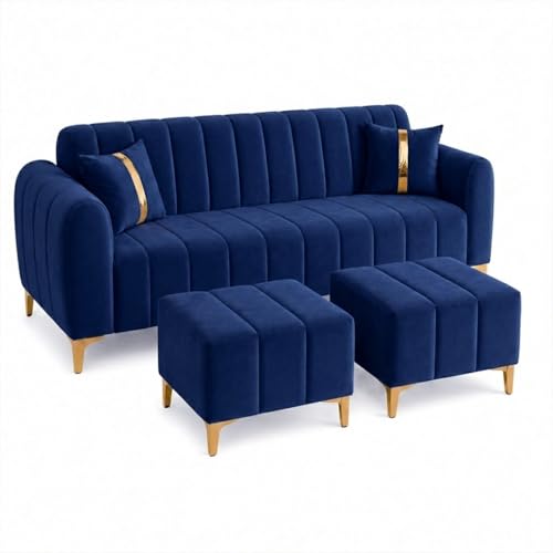 Image of FURNY Harmony 5 Seater L Shape Sofa Set with 2 Movable Ottoman & Golden Legs | Flexible Left or Right Layout | Plush Velvet Fabric (Dark Blue) | Perfect for Living Room, Guest Room & Office