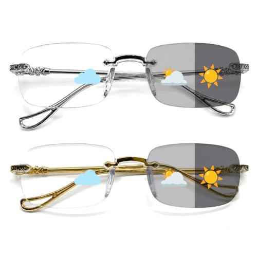 ZOXVYL Auto Focus Reading Glasses Women Men, 2 Pack Rimless Blue Light Blocking Smart Zoom Readers, Non-Prescription Readers(Silver&Gold)
