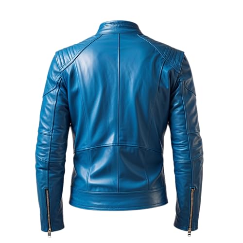 Men Blue Real Leather Cafe Racer Jacket Zipper Closure Quilted Shoulder Panels Stylish Modern Moto Fashion2