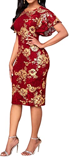 Women's Bodycon Lace Pencil Dresses Sexy Ruffles Short Sleeve Round Neck Glitter Floral Elegant Midi Dresses With Zipper For Cocktail #TOP2