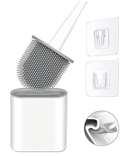 Revolutionary 1 pack White Deep Clean Silicone Toilet Brush & Quick Dry Anti-drip Holder, Flexible No scratch Bathroom Brushes