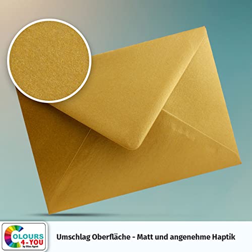 50 Briefumschläge DIN C6 Gold - 11,4 x 16,2 cm - Kuverts mit 90 g/m² Nassklebung spitze Klappe - Umschläge ohne Fenster - Colours-4-you