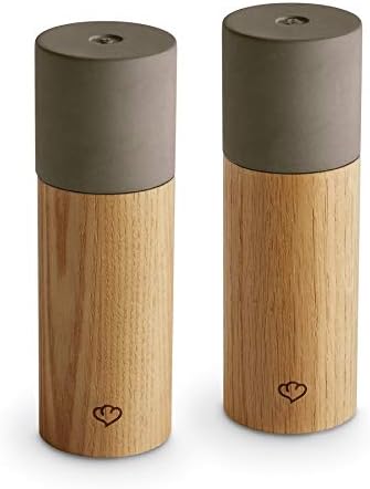 Salt and Pepper Mill Set, Made from Concrete and Oak with Adjustable Ceramic Grinder - Oak