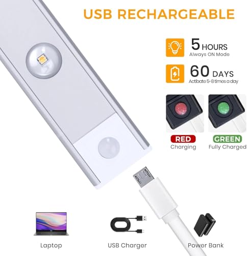 Image of Desidiya Motion Sensor Under Cabinet LED Light, USB Rechargeable, Stepless Dimmable, 3 Color Temperatures (3000K /4000K /6000K), 400mAh Battery, Dimmable Closet Lamp, Wireless Stick-On for Wardrobe