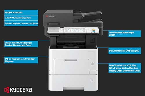 Kyocera Ecosys MA5500ifx/Plus Multifunktionsdrucker Schwarz Weiss, 55 Seiten pro Minute. Drucker Scanner Kopierer, Fax. Touchpanel, LAN und Mobile Print, inkl. 3 Jahre Full Service Vor-Ort