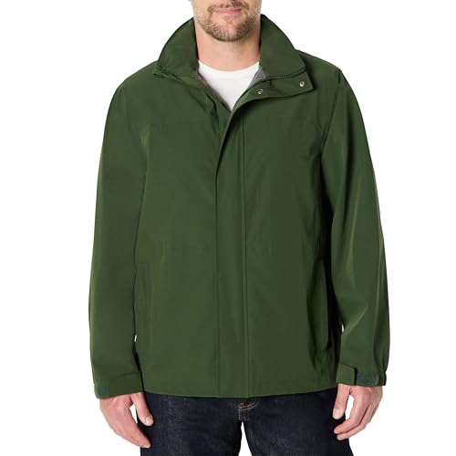 Amazon Essentials Men's Waterproof Packable Rain Jacket, Dark Green, Large