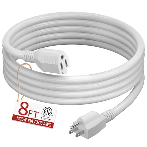 Skrizcable 16/3 Short Extension Cord 8 FT, White Extension Cord Indoor