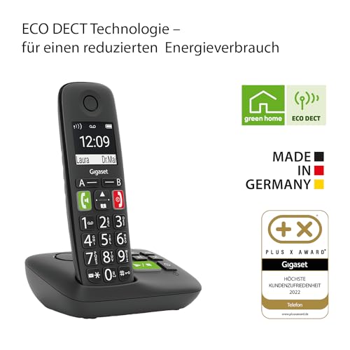 Gigaset E290A DUO - 2 Schnurlose Senioren DECT-Telefone mit Anrufbeantworter - große Tasten, Zielwahltasten für wichtige Nummern, Verstärker-Funktion für lautes Hören, schwarz [Deutsche Version]
