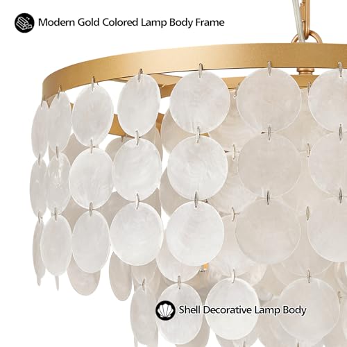 HLMRCHEN Shell Chandelier, White and Gold Chandelier Light Fixture with 4 Lights Capiz Seashell Pendant for Foyer,Kitchen Island,Entryway,Dining Room (18" Coastal Chandeliers) - Image 5