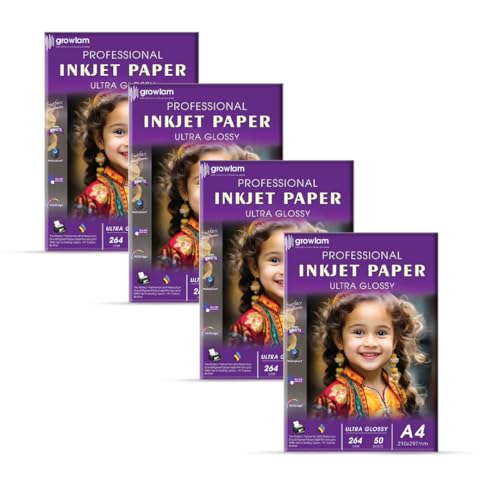 Image of Growlam Ultra Glossy Photo Paper 264 GSM A4 Size, 20 Sheets (Pack of 4) | Waterproof Technology, Instant Drying, Superior Colour Accuracy, Outstanding Ink Absorption, Resin-Coated for Long Durability