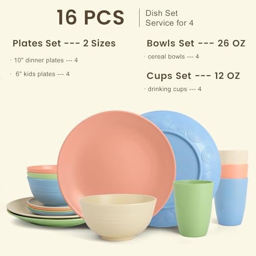 Image of Homienly Premium Dinnerwave Sets, Lightweight & Unbreakable Wheat Straw Dish Set - Plates and Bowls Set with Cups, 16 PCS Microwave and Dishwasher Safe Dinnerware Set - Multi Light