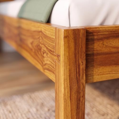 Image of Solid Wood Single Bed with Headboard, Teak finiish, 188 x 96.5 x 66 cm, No Tools Assembly,