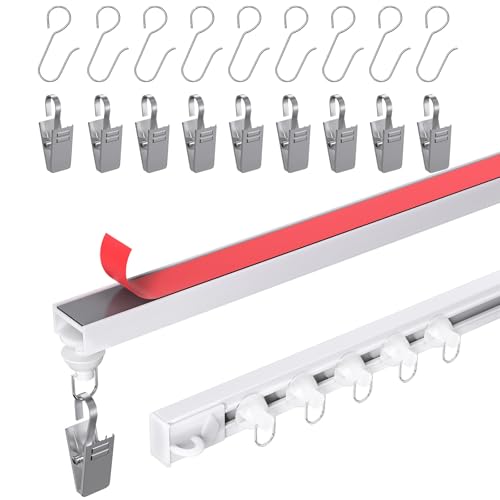 KOBRICH Self Adhesive Ceiling Curtain Track 9.8 FT Flexible Cuttable No Drill Curtain Rail Stick On Ceiling Mount Curtain Rod for Room Divider Window Closet RV Includes Hooks and Clips