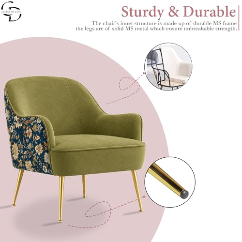 Image of Accent Chair with Ottoman | Modern Velvet Lounge Chair with Floral Designer Back | Upholstered Armchair for Living Room, Bedroom & Cafe | Golden Legs (Parrot Green Floral)