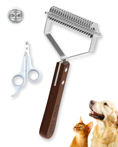 Dog Brush for Shedding 20 Blade Dematting Tool Pet Brush, Undercoat Rake for Large Medium Small Dogs and Cats, Shedding Dog Comb for Grooming, Premium Wood Handle, Efficiently Detangle and Groom Coats