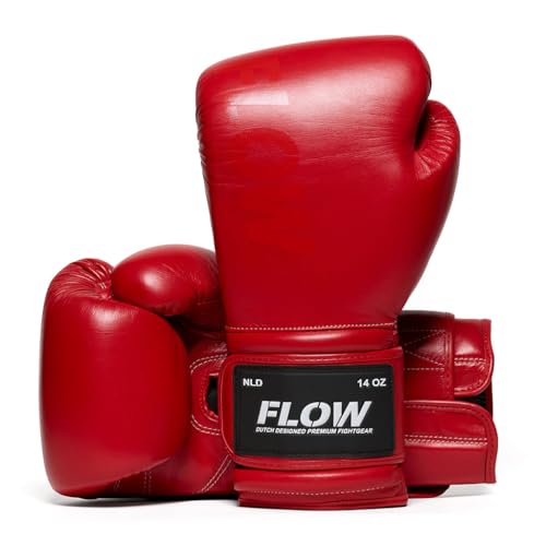 Flow Challenge Boxhandschuhe aus echtem Leder, Sparring und Training, Muay Thai, Kickboxen, MMA, Kampfsport, Herren und Damen - Rot - 12oz