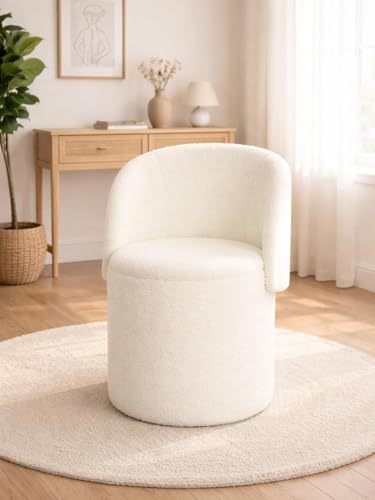 BLOOM BLENDS Teddy Boucle Tub Chair with Hidden Storage Round Vanity Seat with Curved Back and Lift-Off Lid Wooden Frame 150kg 46 x 62 cm Off White
