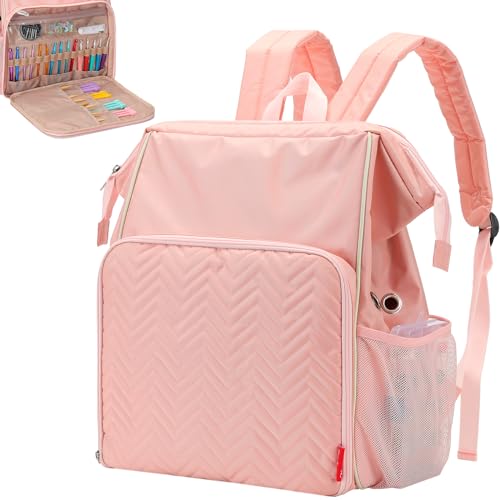 NICOGENA Bolsa de tricô, bolsa de crochê com bolso frontal personalizado, mochila grande de armazenamento de fios para acessórios e suprimentos de crochê, rosa