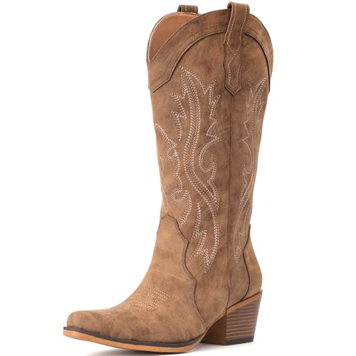 IUV Botas vaqueras para mujer, botas vaqueras Western con tacón grueso a media pantorrilla, punta recortada, ideales para empeines bajos, Marrón, 8