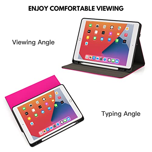 Ruban Case For Ipad 9Th / 8Th / 7Th Generation (2021/2020/2019) 10.2 Inch - Premium Leather Business Multi-Angle Viewing Stand Cover & Pencil Holder, Auto Sleep Wake (Hot Pink) #TOP4