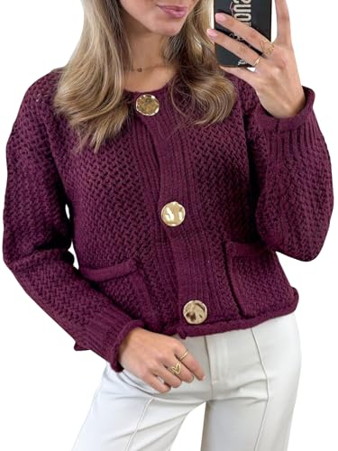 Women's Cropped Cardigan Sweaters Chunky Knit Gold Button Down Long Sleeve Open Front Cardigan with Pockets (Burgundy-M)