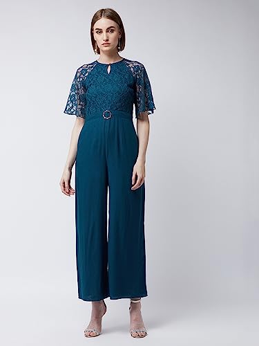 Miss Olive Women's Round Neck Flared Sleeve Floral Jumpsuit (MOSS20D04-51-83-04, Teal, M)