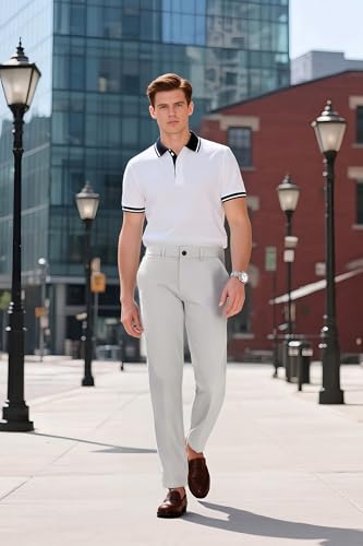Image of Plaid&Plain Men's Slim Fit Dress Pants Stretch Khaki Pants Wrinkle Free