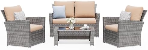Amopatio 4 Piece Outdoor Wicker Patio Furniture Set, PE Rattan Sectional Sofa with Thick Cushions & Tempered Glass Table, Weather-Resistant Patio Conversation Sets for Balcony, Backyard, Beige Amopatio 4 Piece Outdoor Wicker Patio Furniture Set, PE Rattan Sectional Sofa with Thick Cushions & Tempered Glass Table, Weather-Resistant Patio Conversation Sets for Balcony, Backyard, Beige