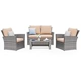 Amopatio 4 Piece Outdoor Wicker Patio Furniture Set, PE Rattan Sectional Sofa with Thick Cushions & Tempered Glass Table, Weather-Resistant Patio Conversation Sets for Balcony, Backyard, Beige
