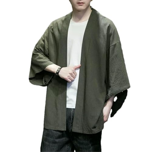 Men's Summer Kimono Jackets Cardigan Lightweight Casual Cotton Blends Linen Seven Sleeves Open Front Coat Outwear Army EN8 XL