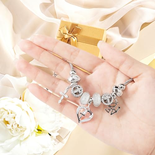 Charm Bracelet for Women, with Crystal and Heart Shape Glass Beads Sliver CZ Cross Snake Chain Bracelet, Trendy Charm Bracelet Jewelry Valentine's Day Gifts for Women4