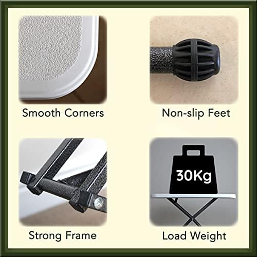 Height Adjustable Small Folding Table with Carry Bag | Folding Picnic Table, White Plastic Garden Side Table, Portable Camping Table | Foldable TV Dinner or Coffee Table, Collapsible Work Desk
