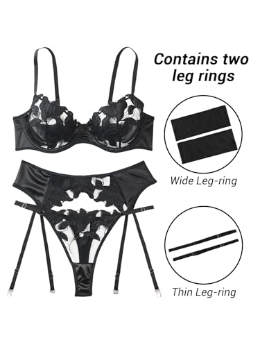 Image of Lilosy Sexy Leaf Floral Embroidered Mesh Sheer Women Underwire Push Up Lingerie Set