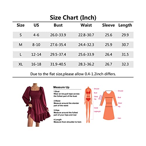 Women's Square Neck Smocked Mini Dress Long Latern Sleeves Elegant Aline Swing Casual Dresses Black M #TOP5