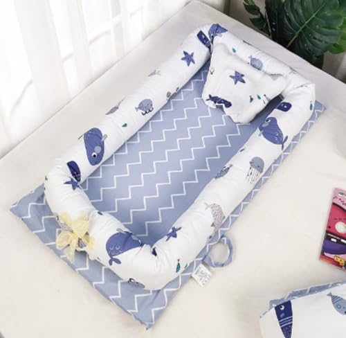 JoyeeLii ベッドインベッド 添い寝 ベビーベッド ベッド布団枕3点セット 新生児 寝返り防止 折りたたみ 枕付き 100%綿 持ち運び可能 携帯型 通気性洗濯可能 0〜12ヶ月 ベビークッション 赤ちゃん 長く活用 安全 安心 (海の王国)