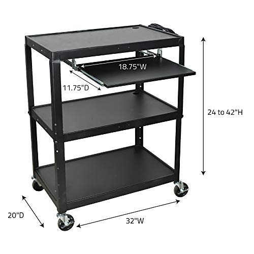 Luxor AVJ42XLKB Extra-Large Steel AV Cart with Adjustable-Height, Pullout Keyboard Tray, 3 Shelves, 24" to 42" Height, Black - Thumbnail 3