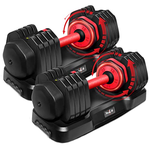 Yes4All 55lbs Pair Red Grip Adjustable Dumbbells Weights, 5 in 1 Weights Dumbbell with One Second Dial Handle for Different Workout Levels