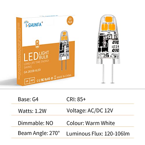 I-SHUNFA 12V G4 LED Bulb,1.2W AC/DC 120LM Warm White 3000K Equivalent to 15W/20W Halogen Lamps Replacement,Non-dimmable,Highly Transparent Silicone,Crystal Spotlight Bulb 10Pack - Image 3