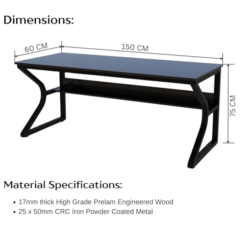 Image of Klaxon Wood and Metal Study Table with Open Shelf, 150 cm Computer Desk and Writing Table for Home Office and Students, Engineered Wood Top with Metal Frame, 1 Year Warranty, (Arko Black Ins)
