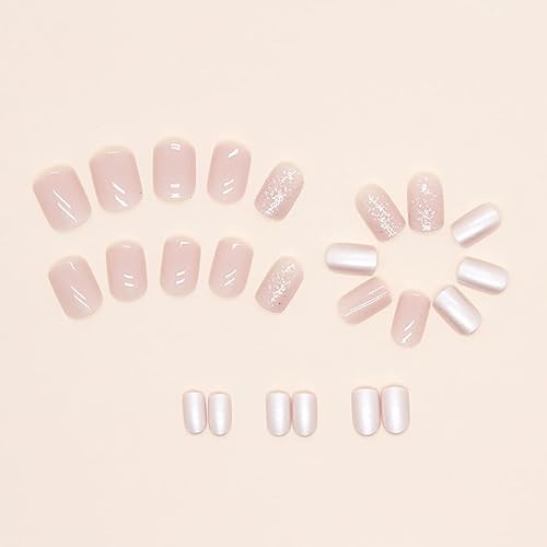 Miniatura 3 de 24 uñas postizas a presión de color rosa nude, uñas postizas cortas cuadradas con purpurina blanca con diseños brillantes, suministros de arte de
