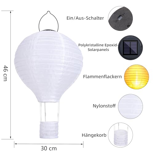 Solarlampen für Außen Hängend, 2 Stück 30cm Lampions Solar Außen Wetterfest, Gartenlaterne mit Flackernder Flamme, Heißluftballon Nylon Solarlaterne für Außen Garten Fest Deko (Warmweiß)