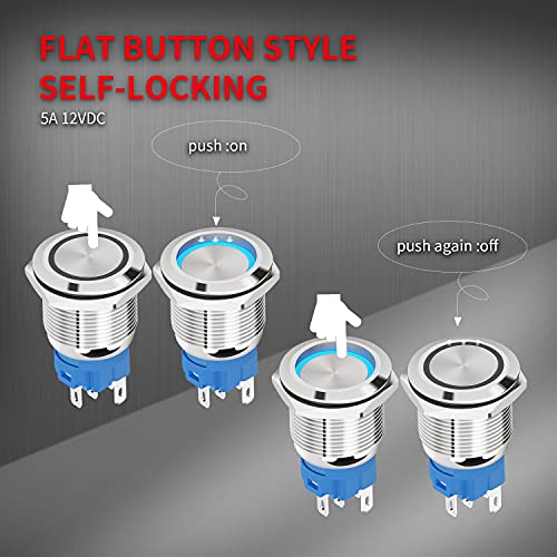 DaierTek 12V Latching Push Button Switch Marine Waterproof Round Blue LED Pushbutton Switch 19mm 12 Volt DC Ring Illuminated Metal ON Off with Label Sticker for Boat Car -6pcs - Thumbnail 5
