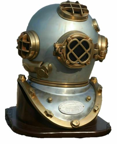 Generic US Navy Diving Helmet Mark V Deep Sea Divers Diving Helmet with Wooden Base, As Shown in image