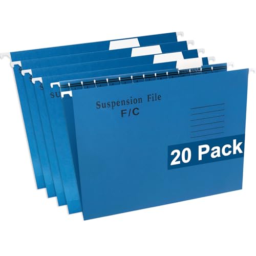 GUOKOFF Foolscap Suspension Files, 20PCS Filing Cabinet Suspension File with Tabs and Inserts, FC Hanging Filing Folders, Filing Cabinet Dividers, Blue