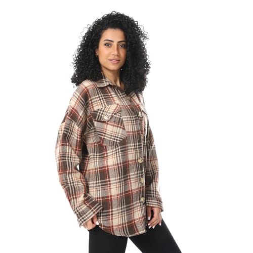 Plaid Wool Button-Down Shirt, Long Sleeve (brown, M)