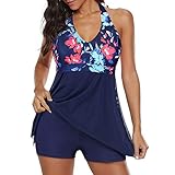 Durio Badeanzug Damen Badeanzüge Neckholder Badekleider Einteilig Tankini Bauchweg V-Ausschnitt Blau Blumen 46-48