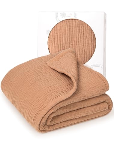 Image of lulumoon Muslin Baby Blanket Neutral: 100% Cotton Crib Blanket for Toddler & Infant - 4-Layers Breathable for Travel Stroller & Nursery Daycare 47"x47"(Caramel)